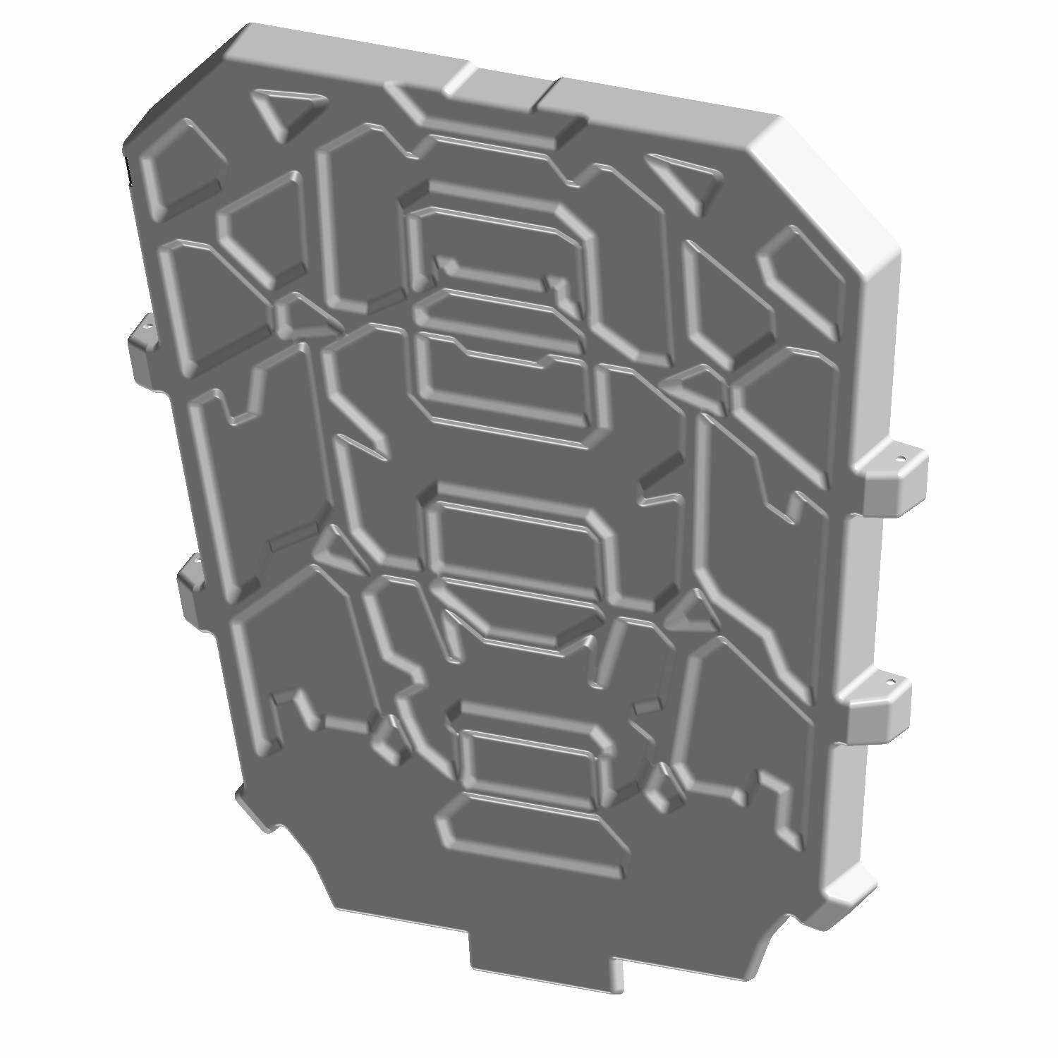 Gray molded cargo box mat with raised geometric patterns and side clips for secure fitment.