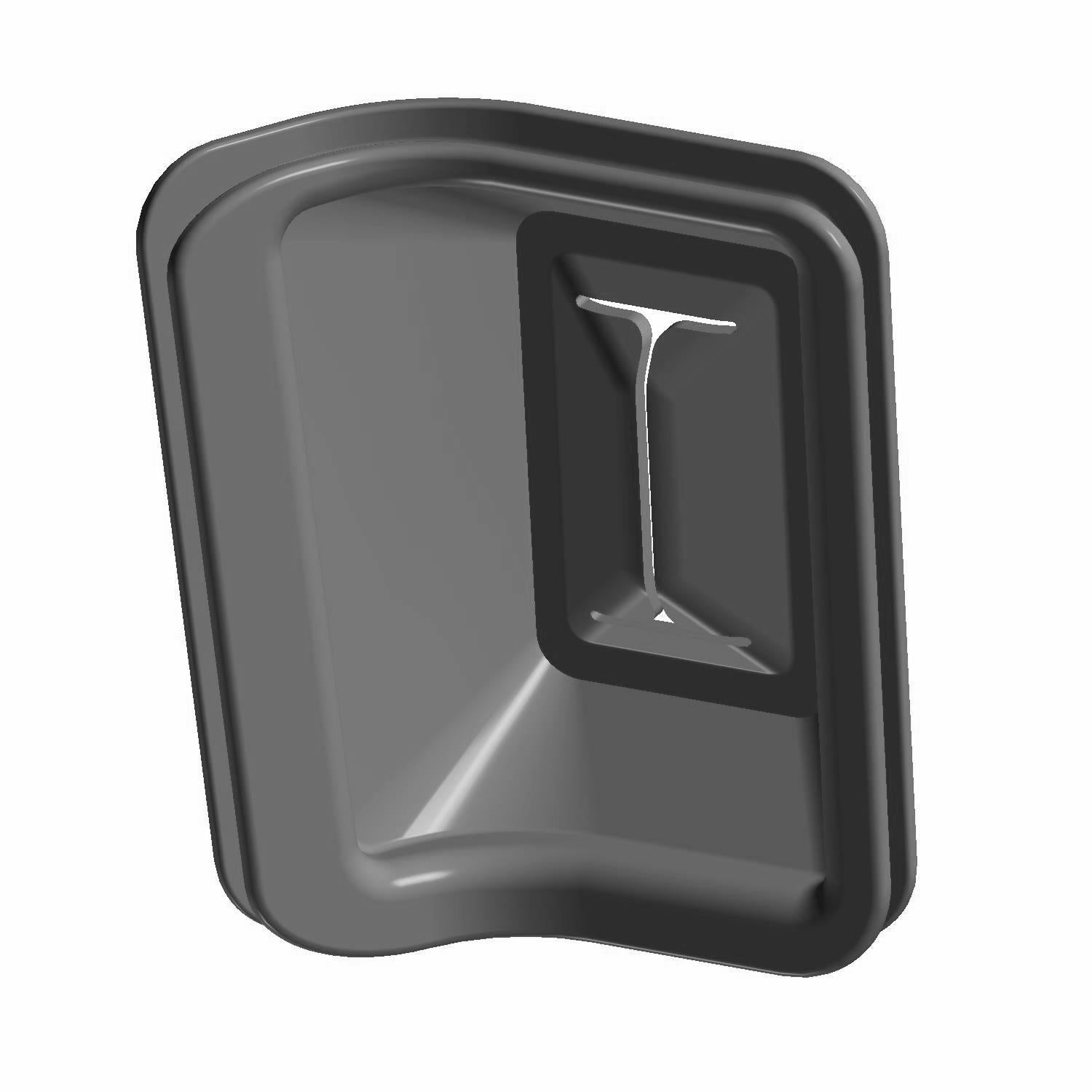 Black molded plastic left seat belt boot with integrated mounting slot for Polaris RZR 200.
