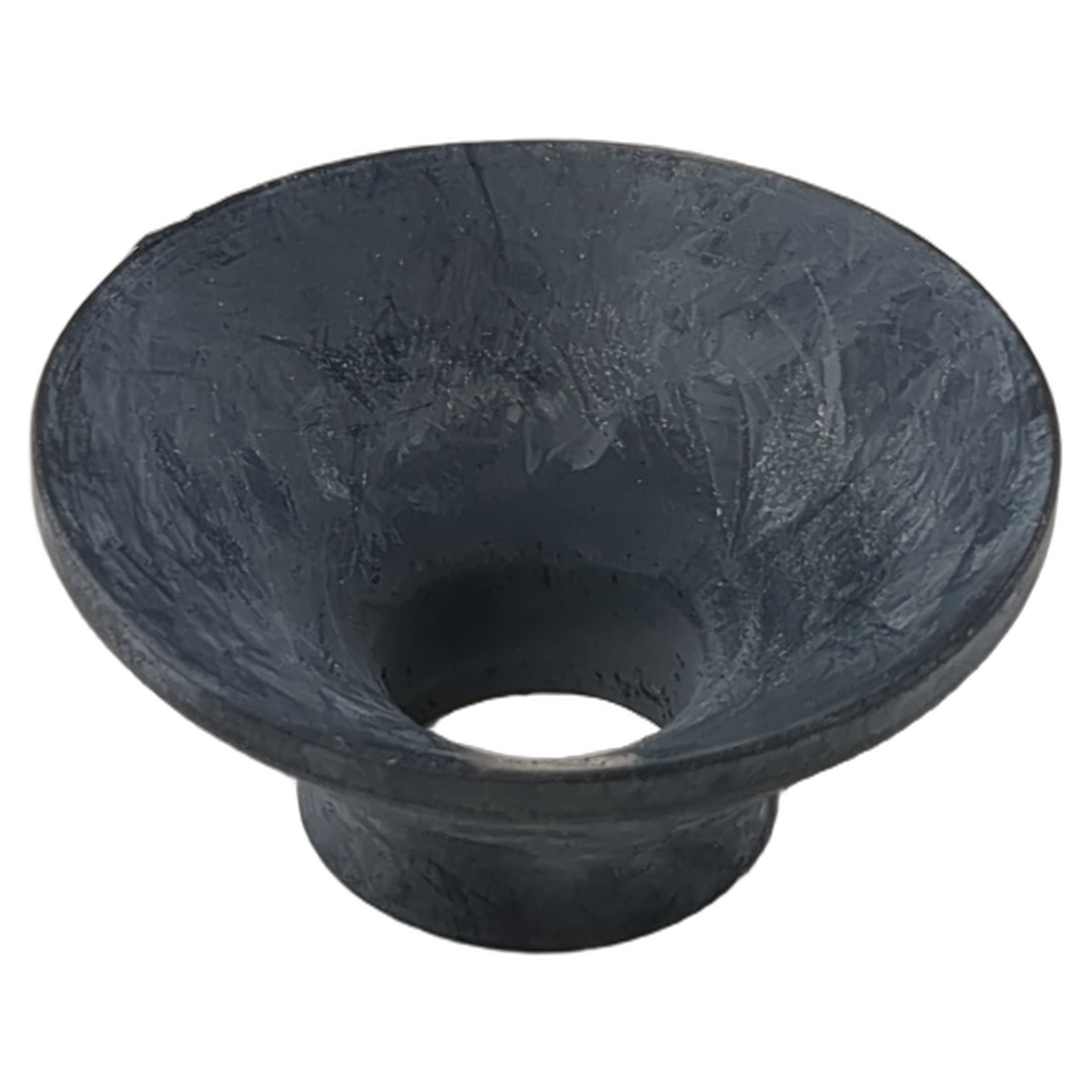 Black rubber greaseless ball joint boot with a flared, funnel shape and central hole.