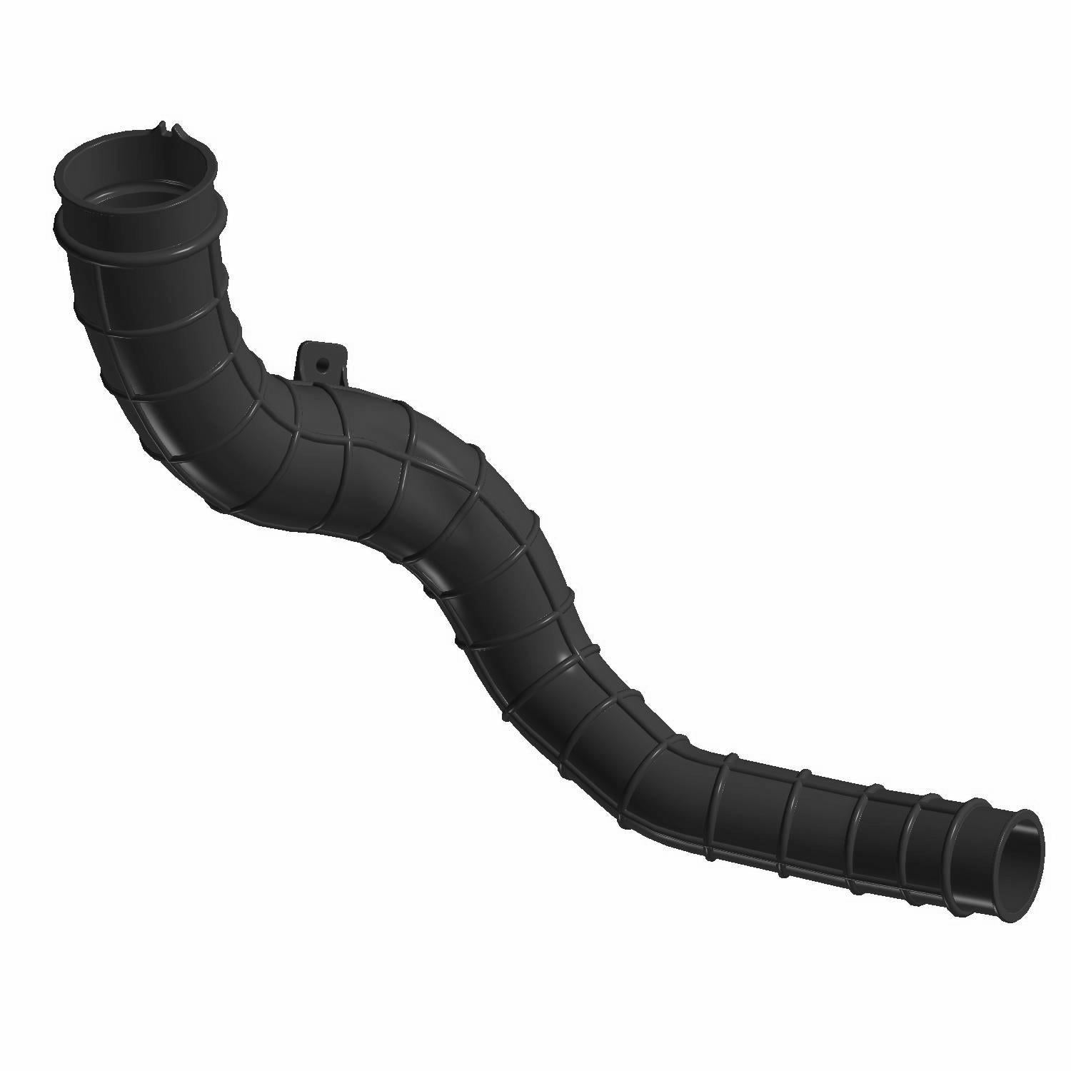 Black molded plastic intake hose with curved, segmented design and ridged connectors on both ends.