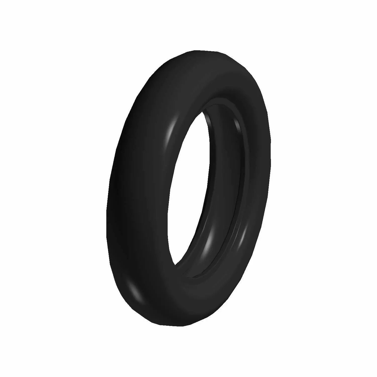 Black rubber front motorcycle tire with smooth tread and rounded profile, 130/90 16 size.