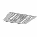 Silver metal seat bin closeoff net with hexagonal cutouts and mounting holes on the edges.