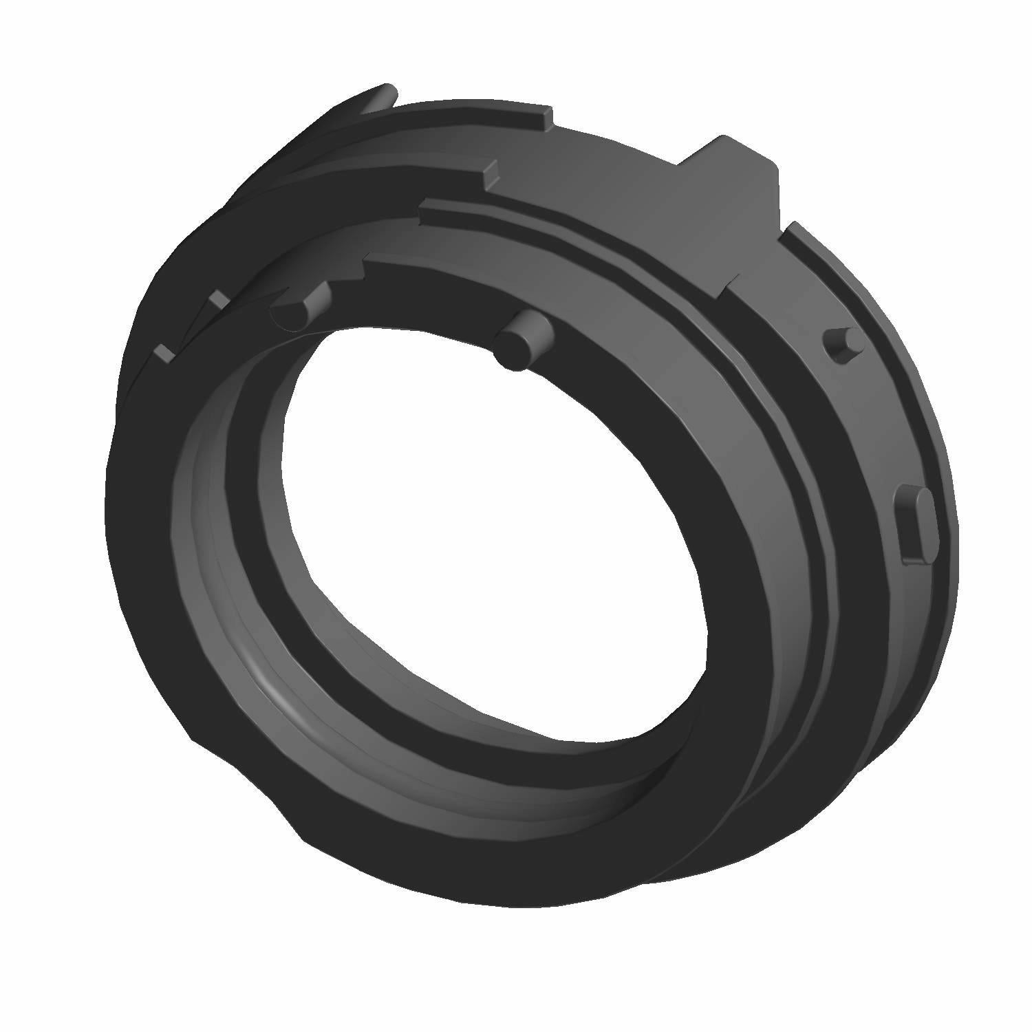 Black circular intake manifold rear component with ridged edges and mounting holes, made of durable plastic.