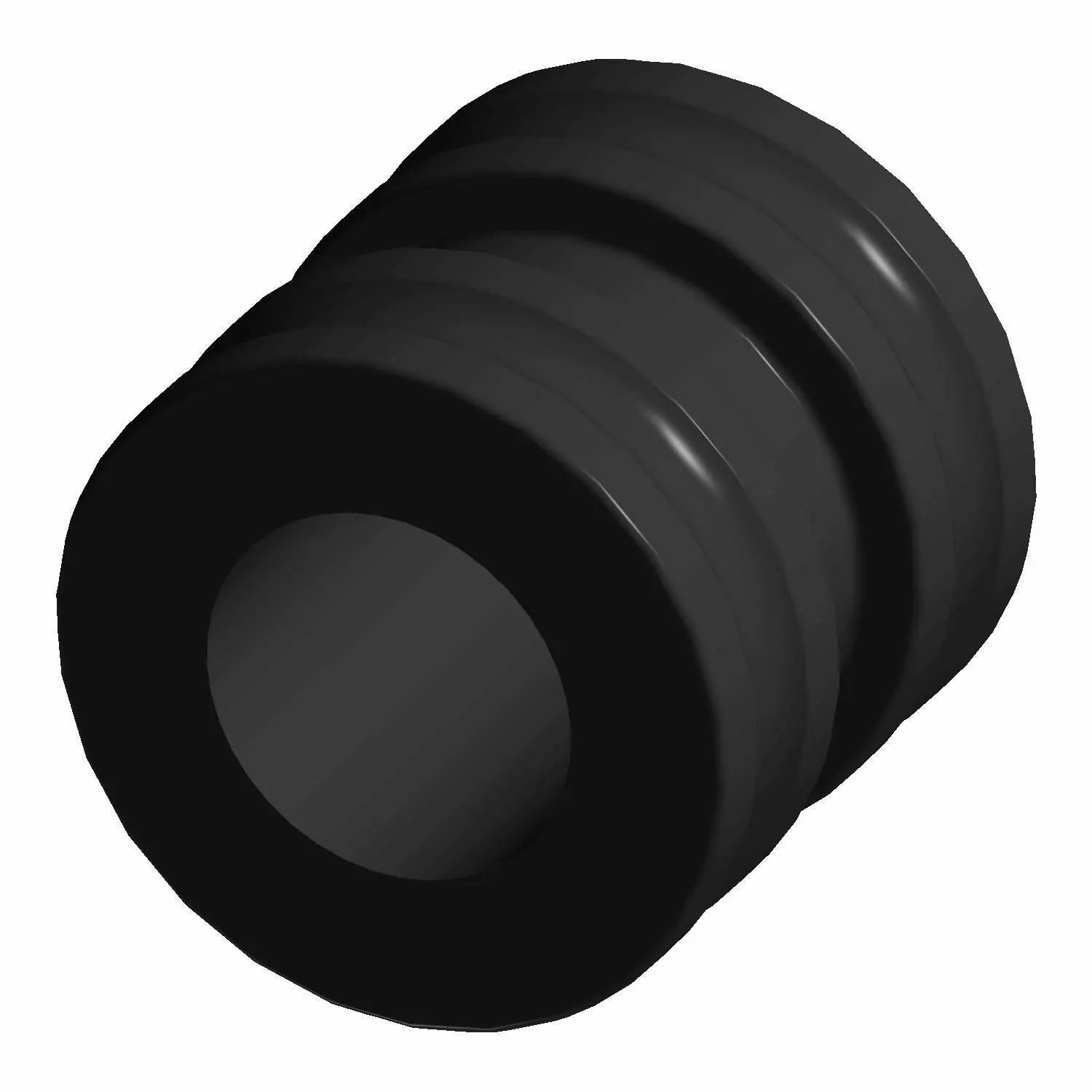 A black, cylindrical rubber grommet with two grooves is shown angled on a white background. This genuine Polaris Grommet Iso 15Odx8.1Idx14H (part number 5418515) fits various Polaris OEM parts.