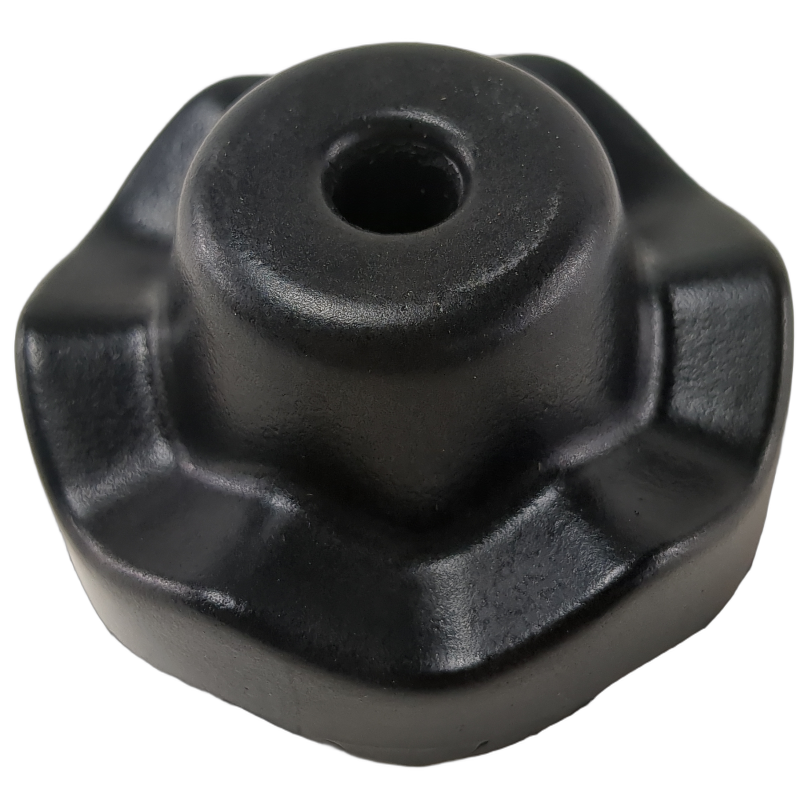 Black molded rubber winch bumper with a round hole center and flared edges.