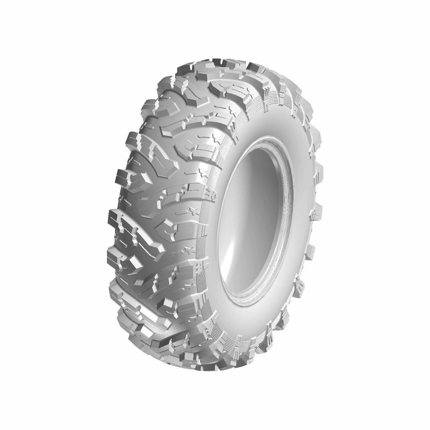 Black off-road tire with deep aggressive tread and large side lugs, rugged design.