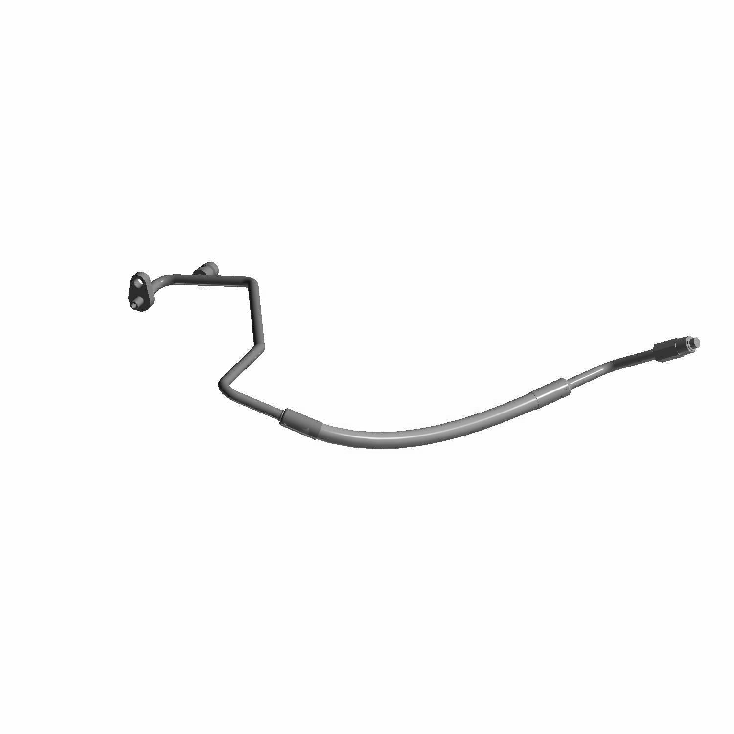 Black molded rubber A/C hose with metal mounting bracket and connector fittings.