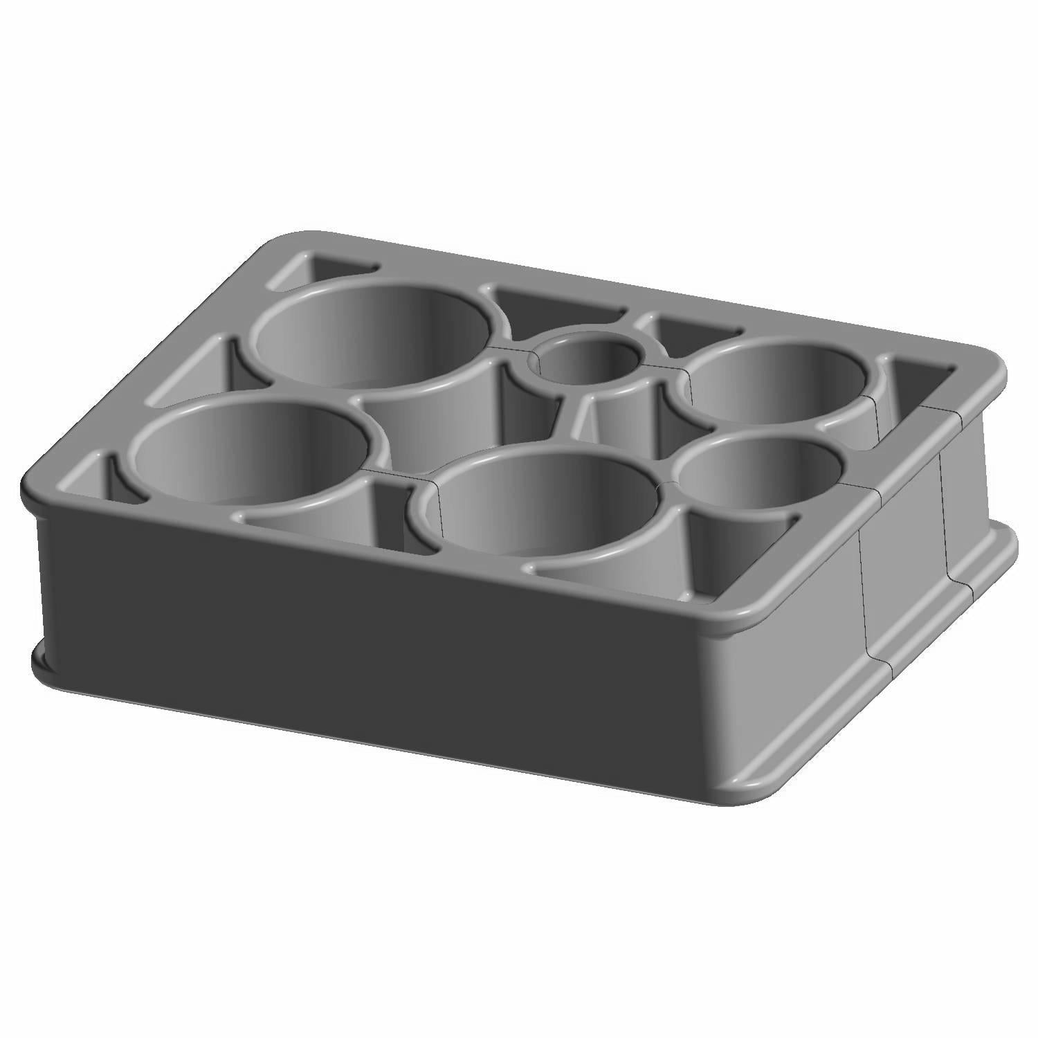 Gray plastic rectangular routing grommet with multiple circular and semicircular cutouts.