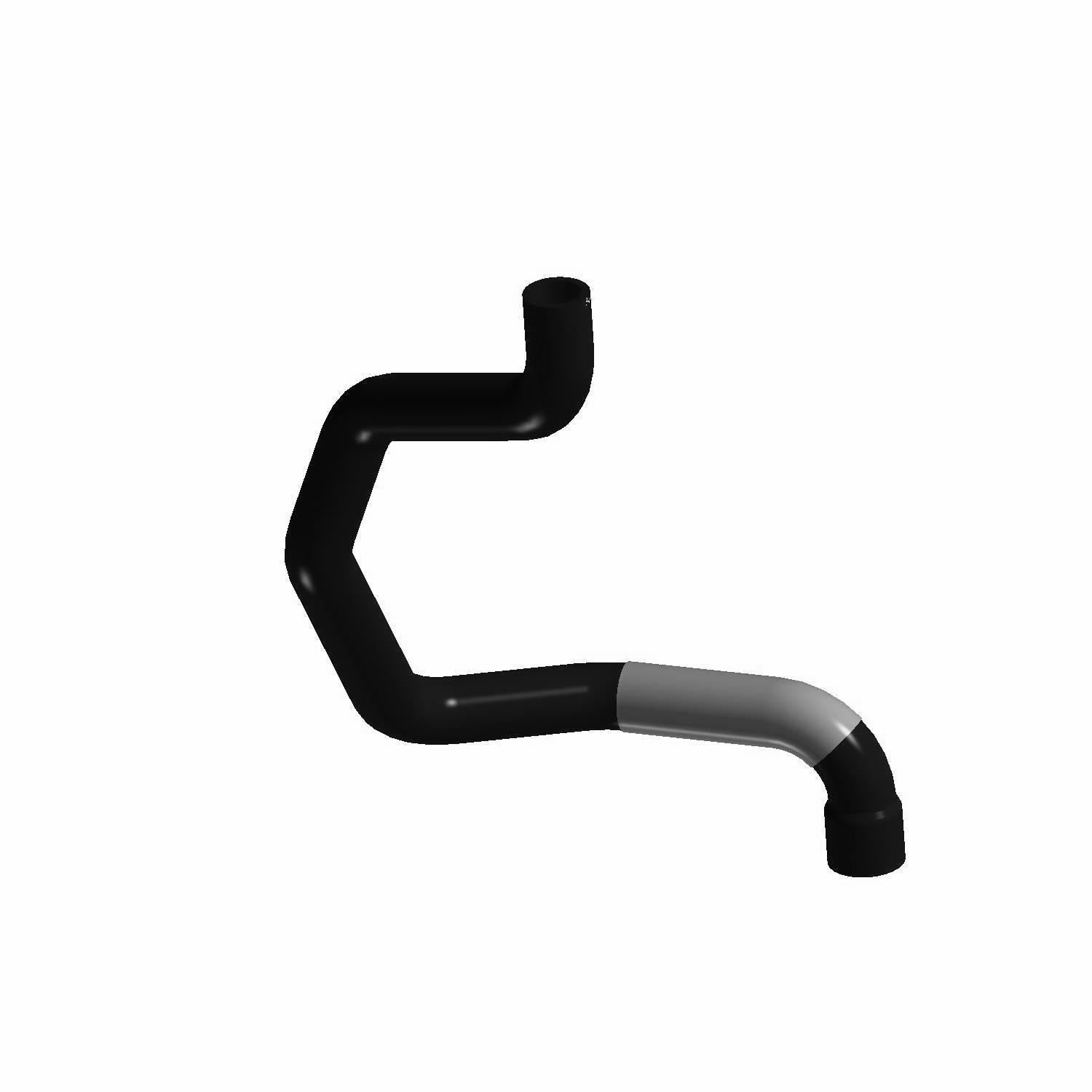 Black molded rubber engine hose with a bent, irregular shape and a gray protective sleeve on one end.