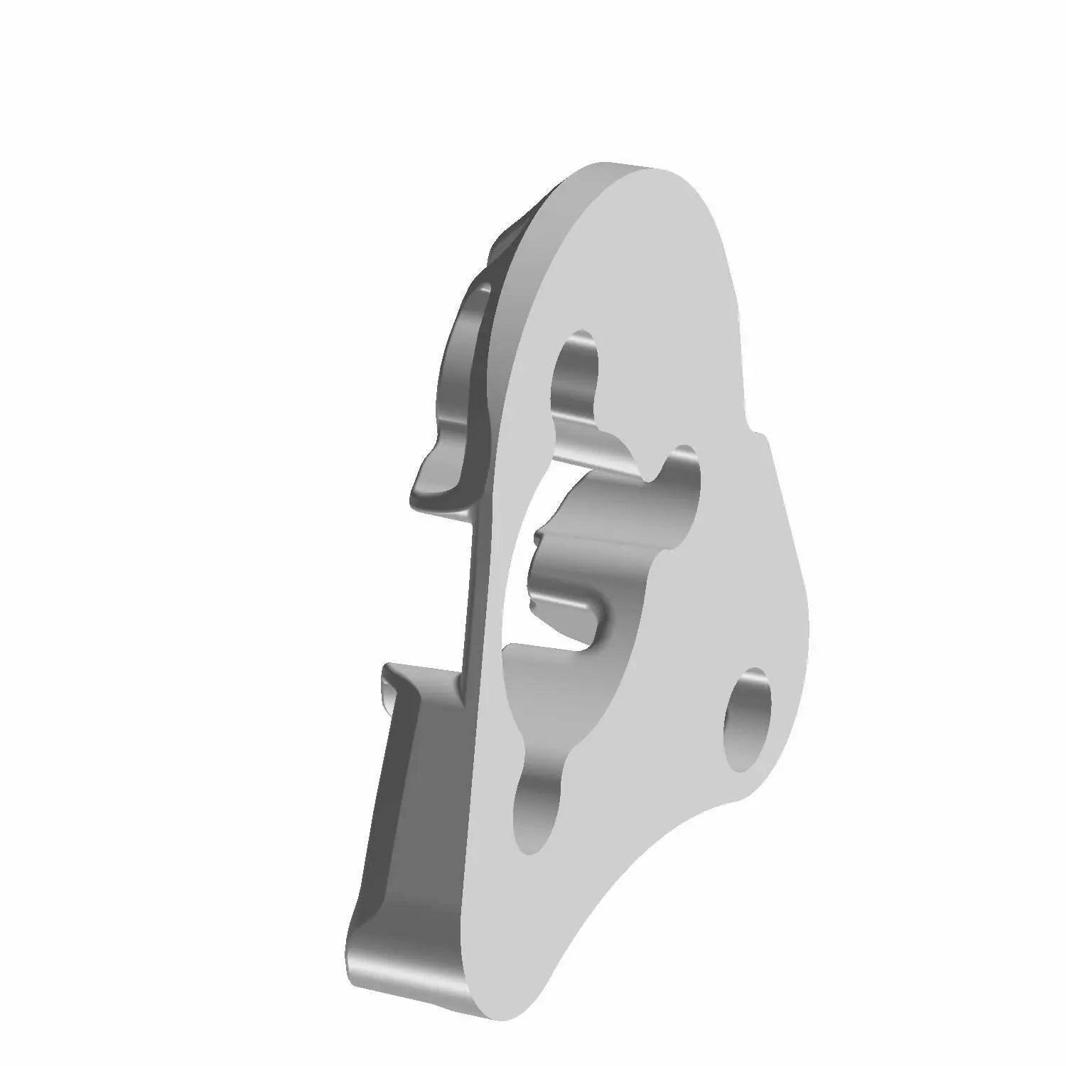 A 3D-rendered metallic mechanical part with an irregular shape, a large central cutout, rounded edges, and multiple holes—designed as a Crankcase Rubber Pad by Polaris for Indian Motorcycle OEM parts (part number 5418838).