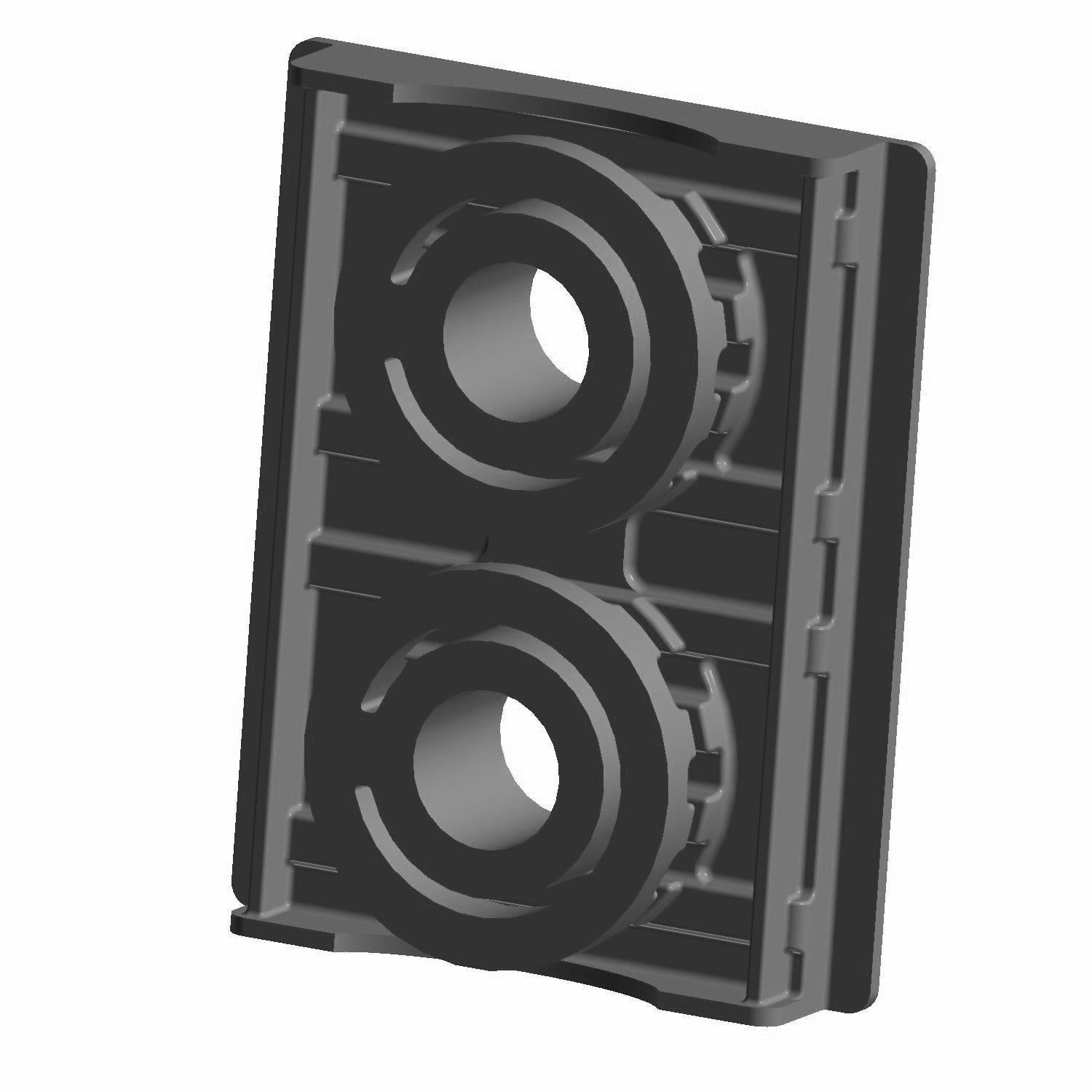 A 3D-rendered image of the Polaris Isolator Tank Rear, a black rectangular plastic part with two vertically aligned circular openings and grooved edges. Find genuine Polaris OEM parts like this at Witchdoctors.com.