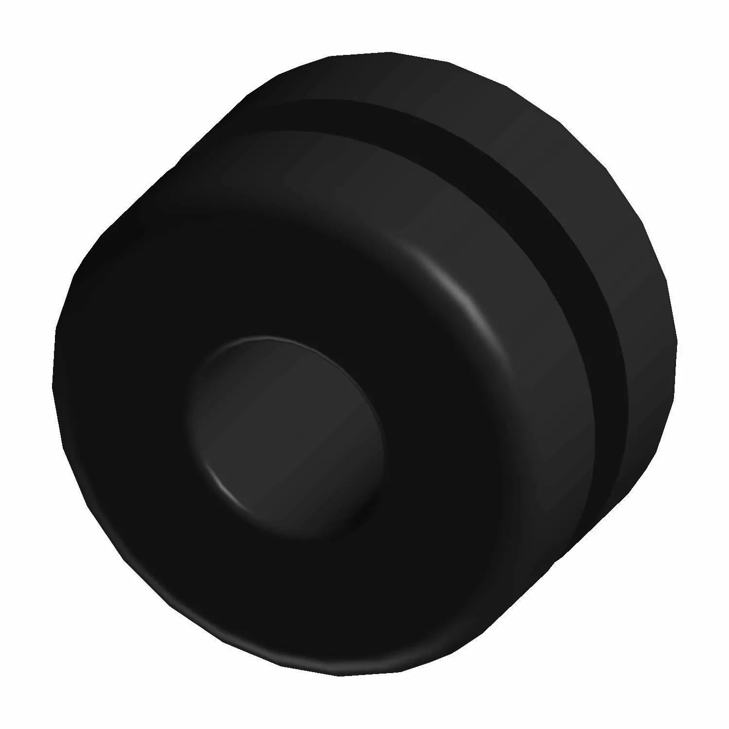 A black, round rubber stopper—Isolator Radiator by Polaris, OEM part 5418855—features a central indentation and side groove, shown on a white background. It's commonly used as an Indian Motorcycle radiator isolator.