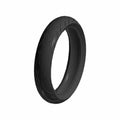 Black motorcycle front tire with shallow tread pattern and smooth rounded profile.