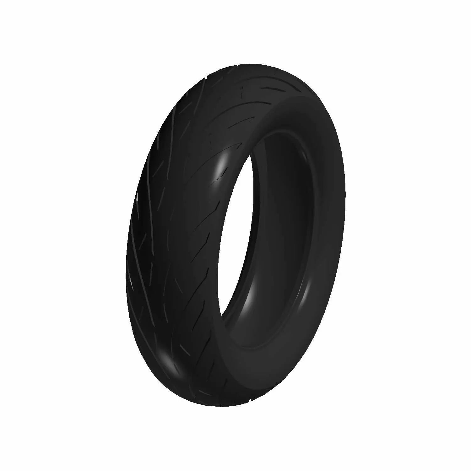 Black motorcycle rear tire with deep, angled tread grooves, smooth sidewalls, 180/65B16 size.