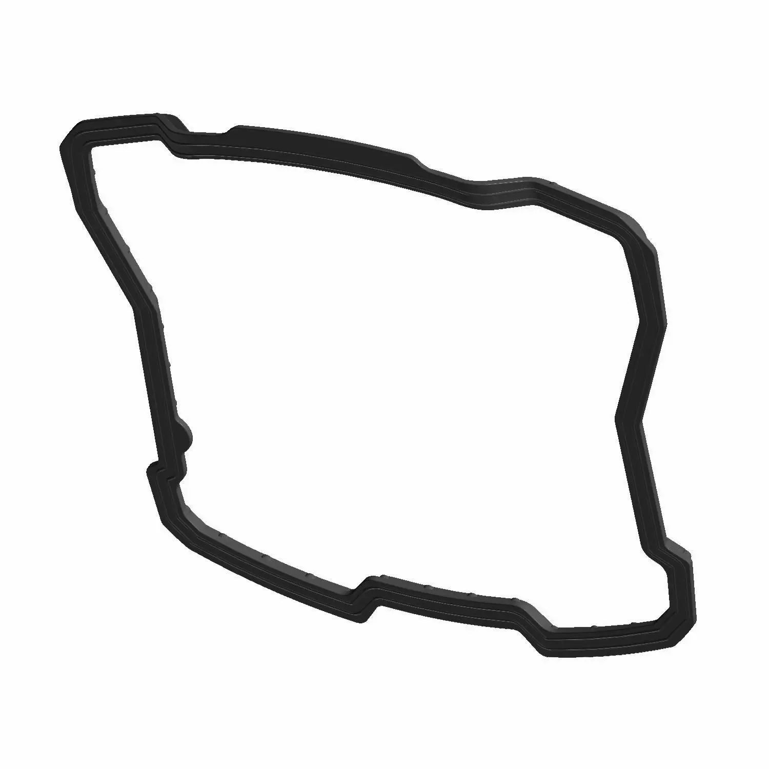 The Valve Cover Gasket / Seal, Rear Cylinder by Polaris is a black, irregularly shaped gasket with multiple bends and an uneven rectangular outline, shown on a white background.