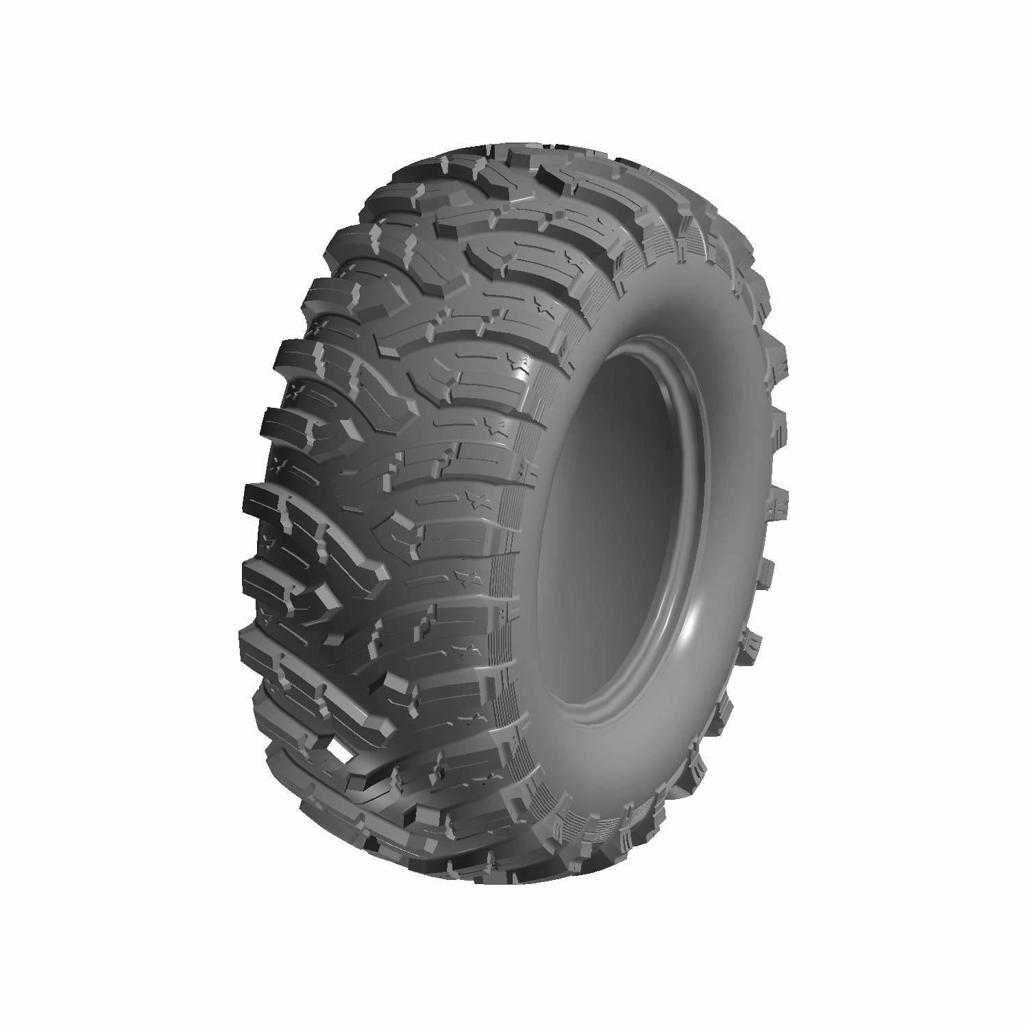 Large black off-road rear tire with deep, aggressive tread pattern and sturdy sidewalls.