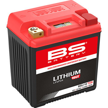 The Lithium Battery BSLi 12 Max by BS Battery is a lightweight red and black LiFePO4 battery with terminal connectors, labeled LITHIUM MAX, model BSLi-12, and offers fast charging for reliable performance.