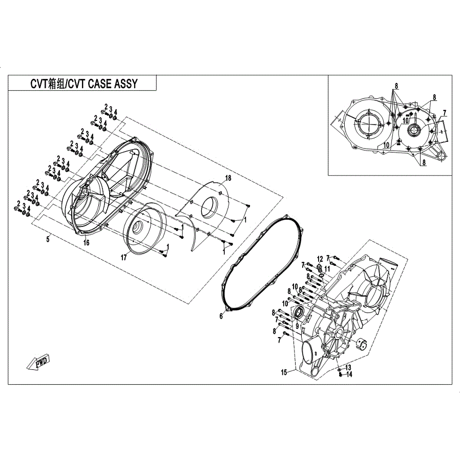 An Image of a genuine CFMOTO Parts Schematic Diagram showing the group - CVT CASE ASSY - 2019 CFMOTO CFORCE 800 XC