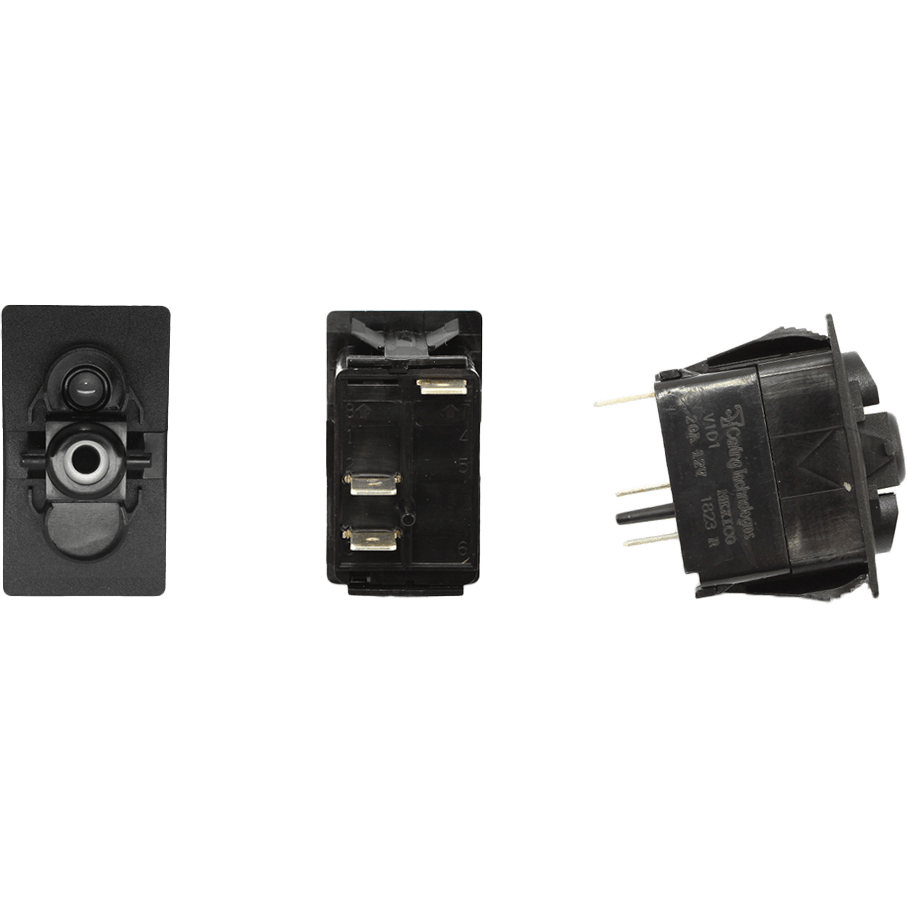 Three views of the Dash Switch Body Single Acc W/Incdsnt By XTC Power: front with button, back with metal connectors, and side with model info and prongs—perfect for UTV Wiring Solutions & V-Series Contura Switches.