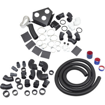 The Polaris ATV Snorkel Kit by High Lifter features black, white, and red hose fittings, intake pipes, clamps, connectors, flexible tubing, metal plates, and mounting hardware displayed on a white background.
