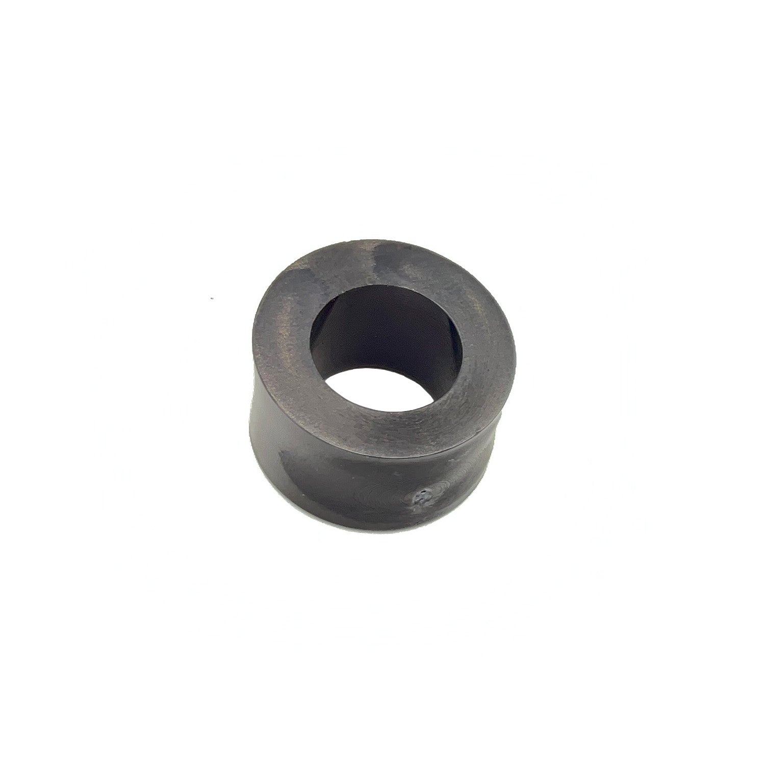 Black cylindrical rubber bushing with a hollow center and slightly flared edges.