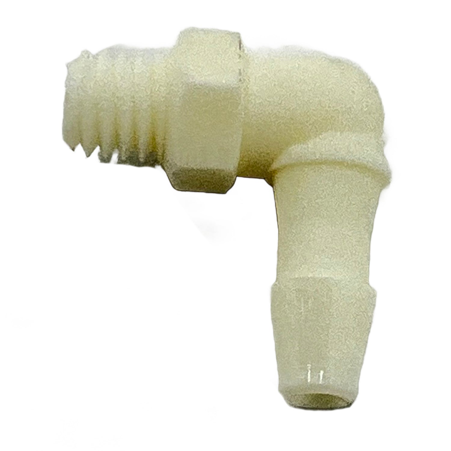 Beige plastic 90-degree elbow tank vent with threaded male end and barbed connector end.