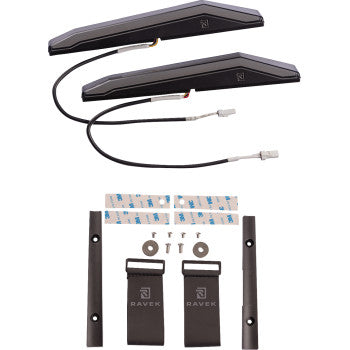 Two slim black running brake lights with wiring, two black mounting brackets, screws, and adhesive strips laid out on a.