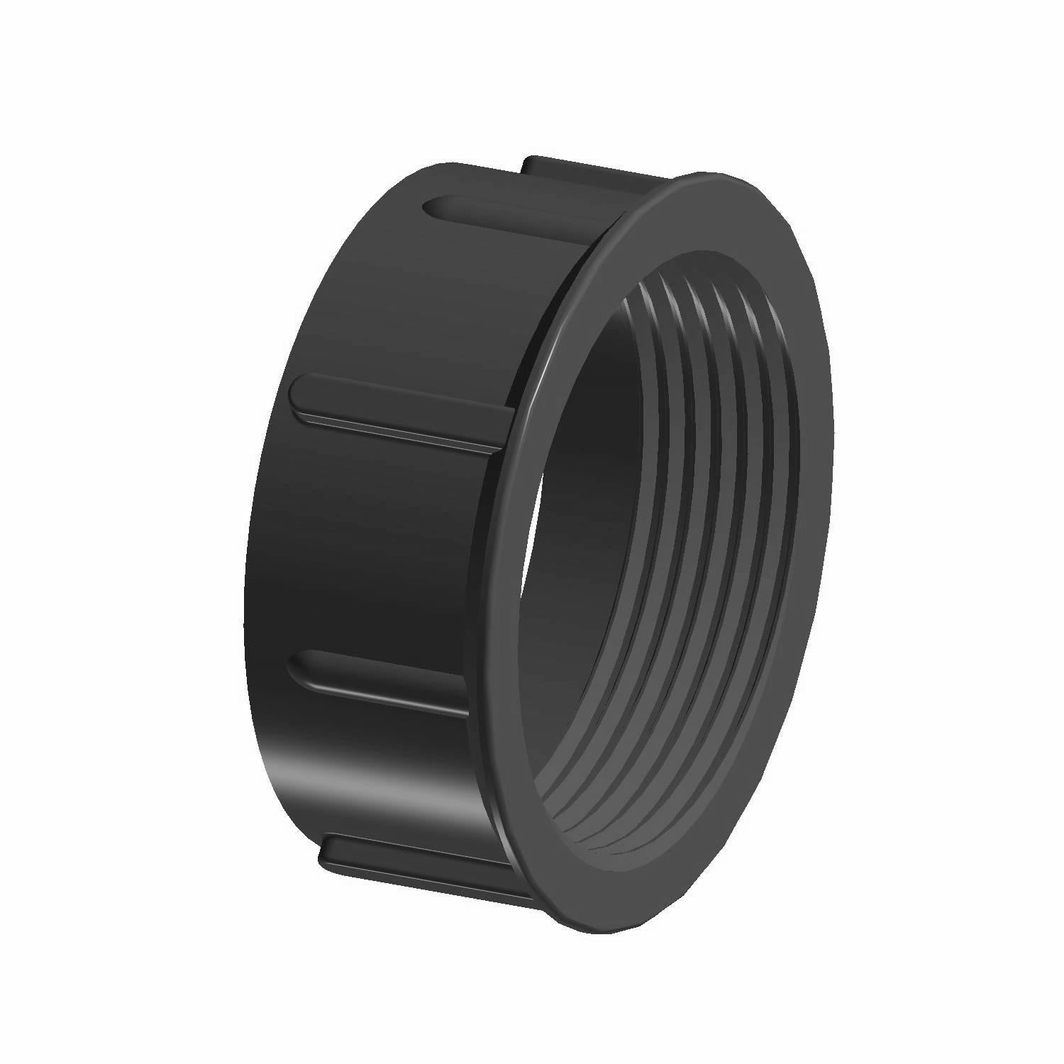 Black plastic threaded collar with grip ridges for carburetor inlet.