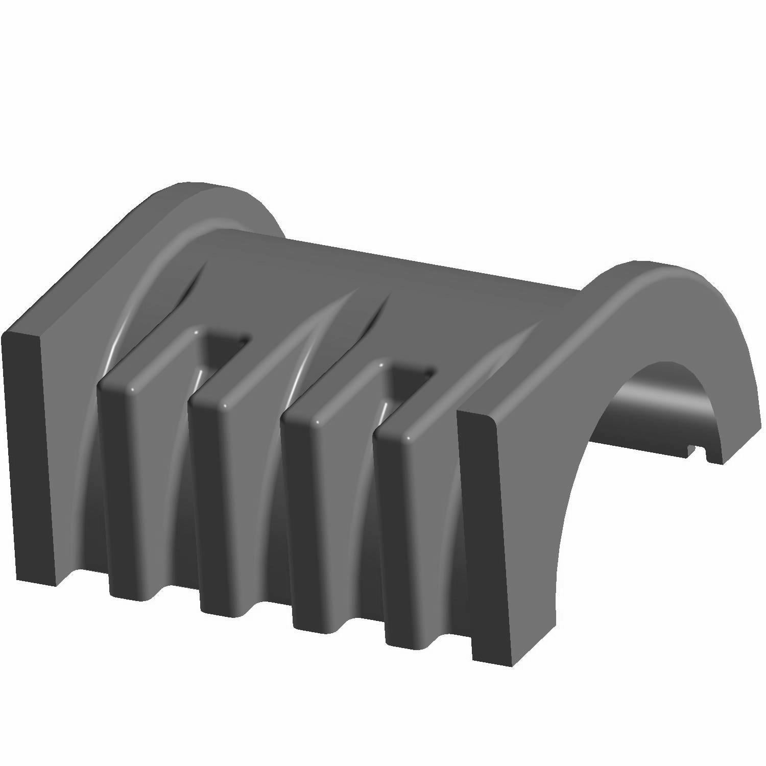 Gray molded rubber bushing with ribbed grip design and curved inner clip attachment.