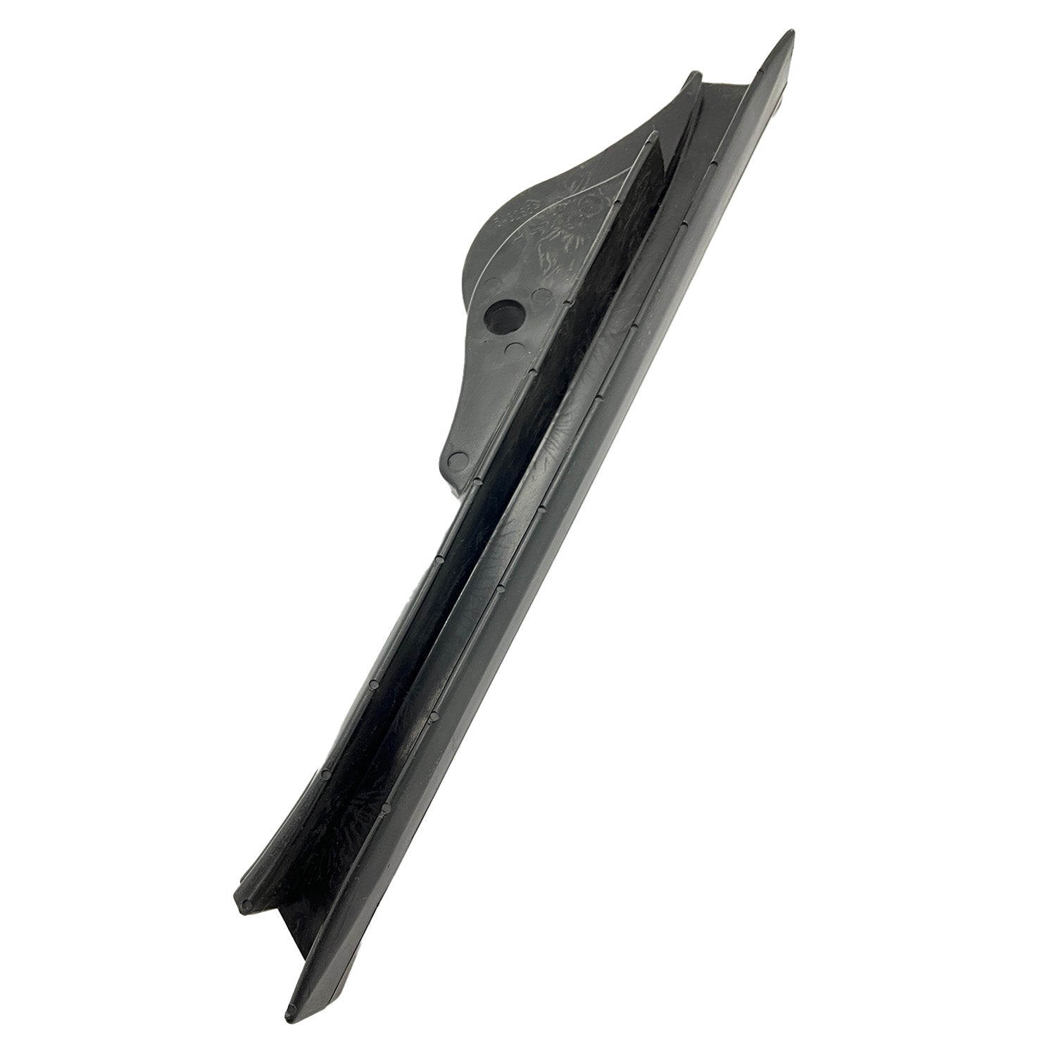 Black elongated plastic chain guard with mounting holes and curved design for Polaris UTV models.