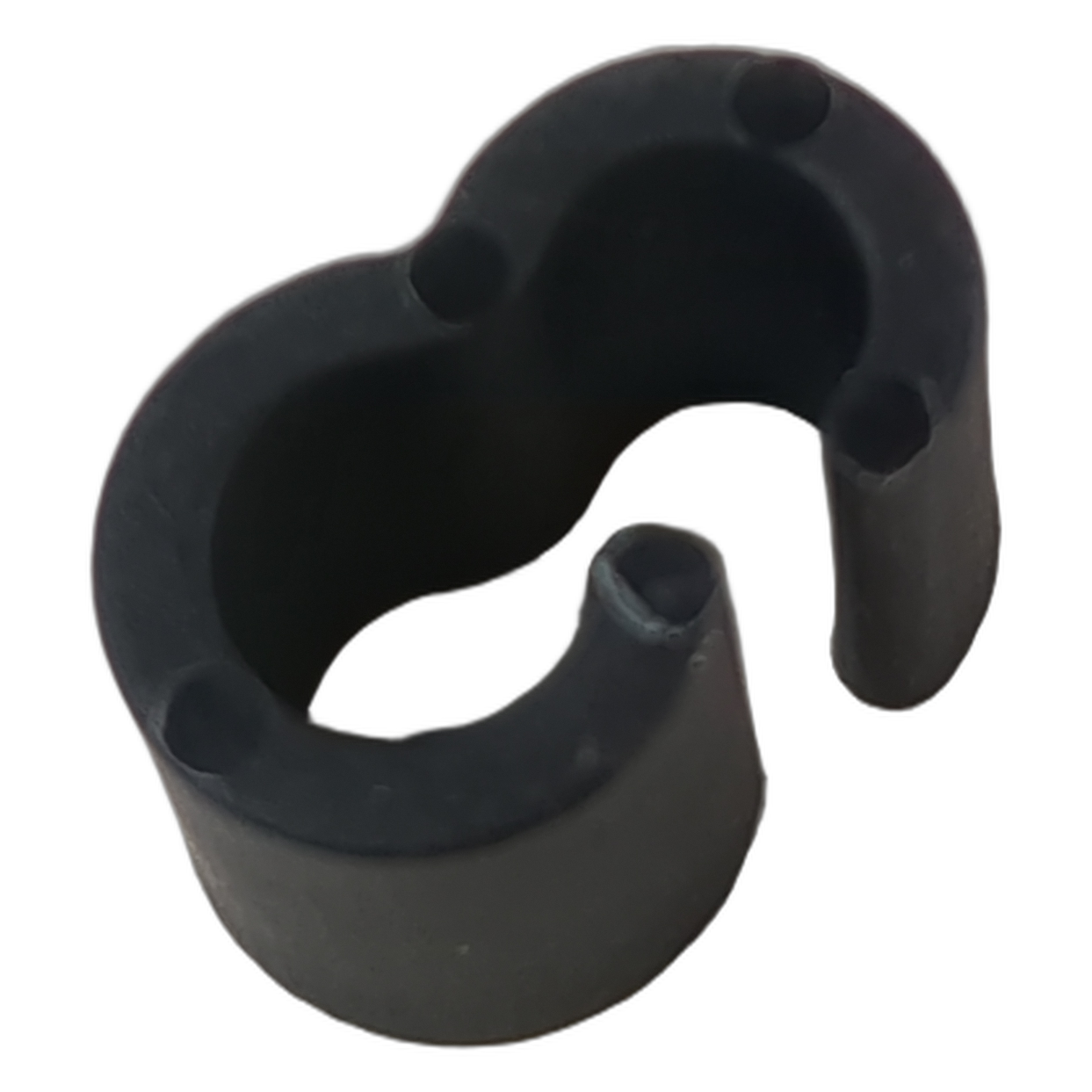 Black rubber throttle cable clip with curved hook design and three mounting holes.