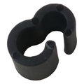 Black rubber throttle cable clip with curved hook design and three mounting holes.