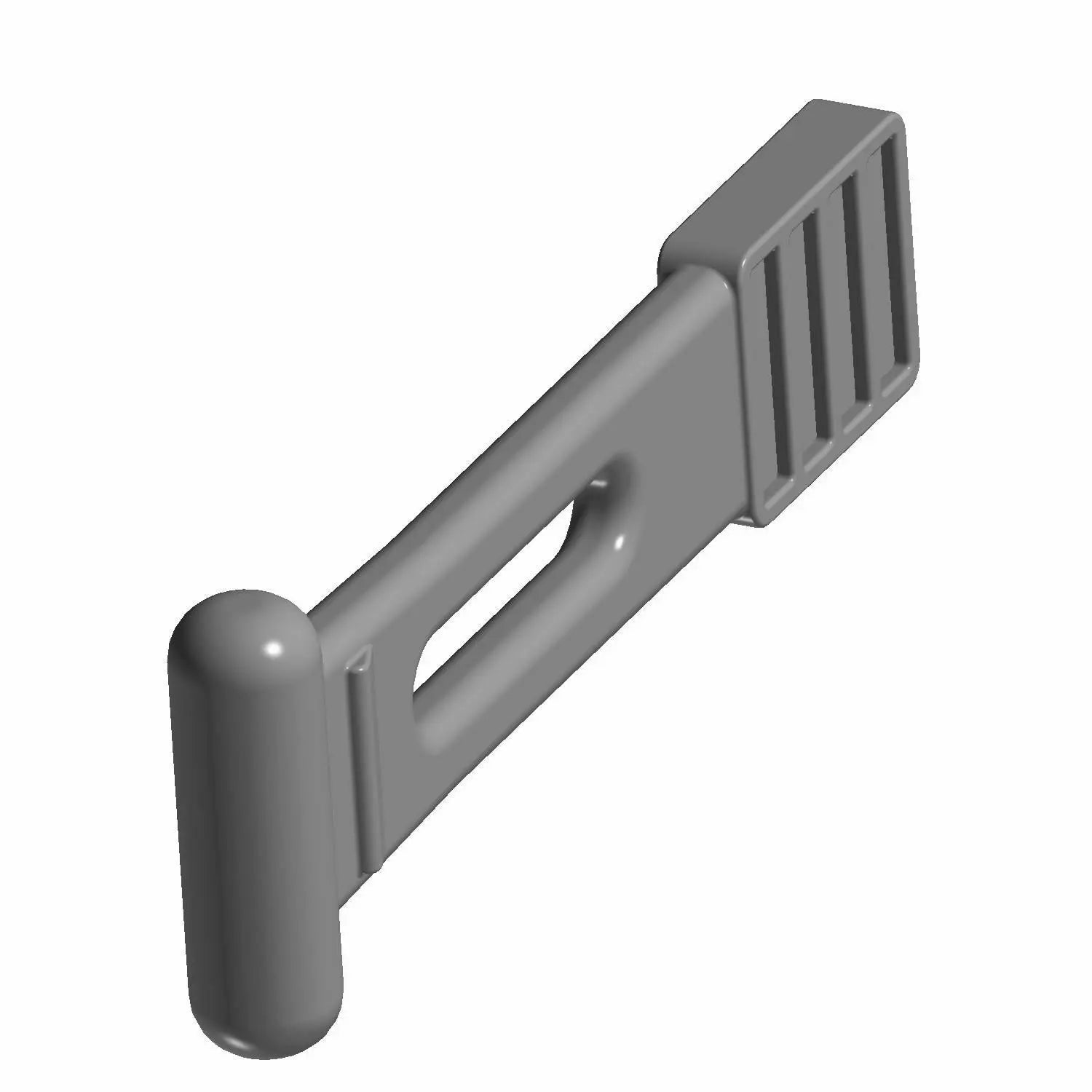 A gray plastic Airbox Top Strap by Polaris, 3D-rendered with a rounded handle, central rectangular cutout, and ribbed flat end—an OEM Indian motorcycle part for your Strap Air Box Top.