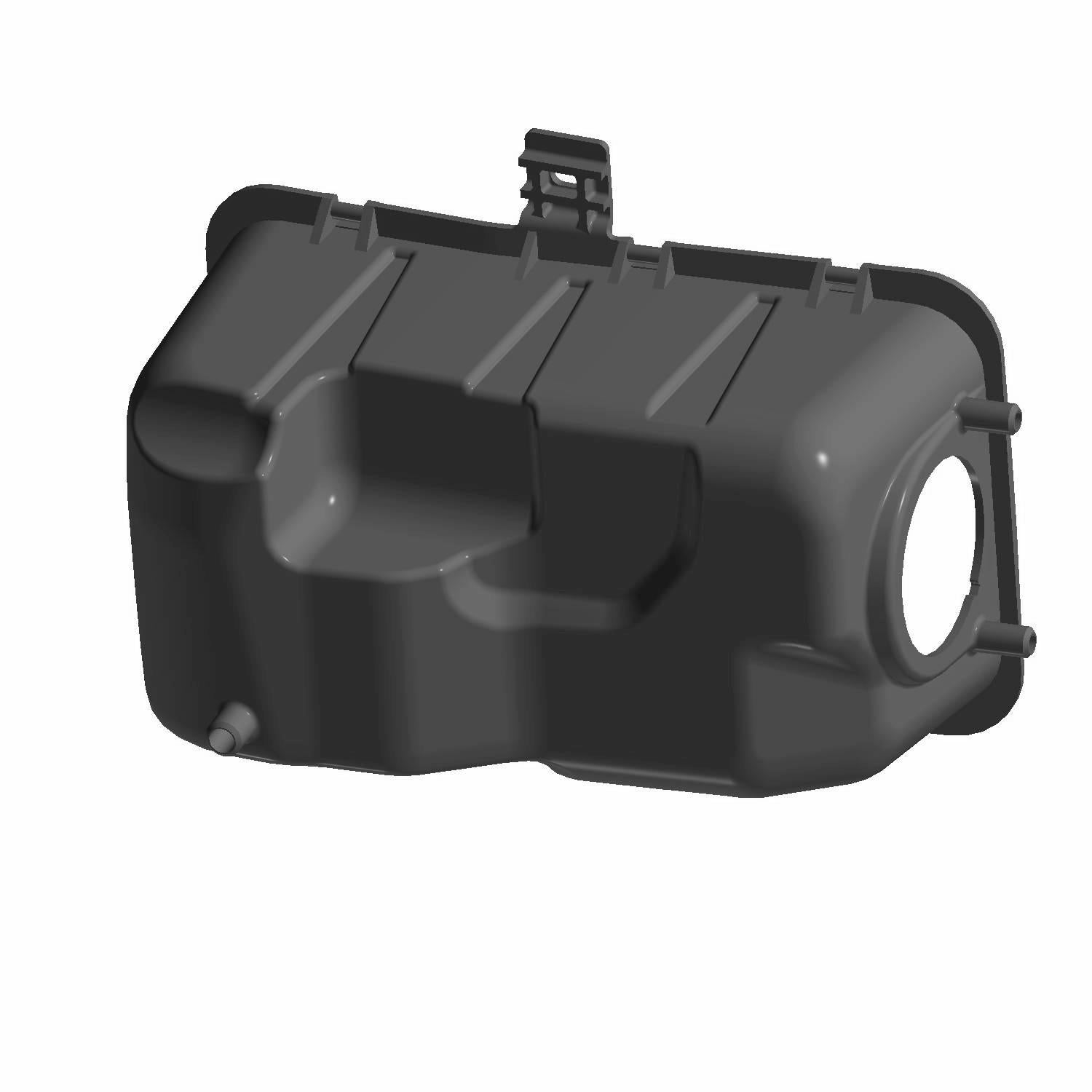 Black plastic air box with curved edges and mounting clip on top, rectangular shape with rounded corners.