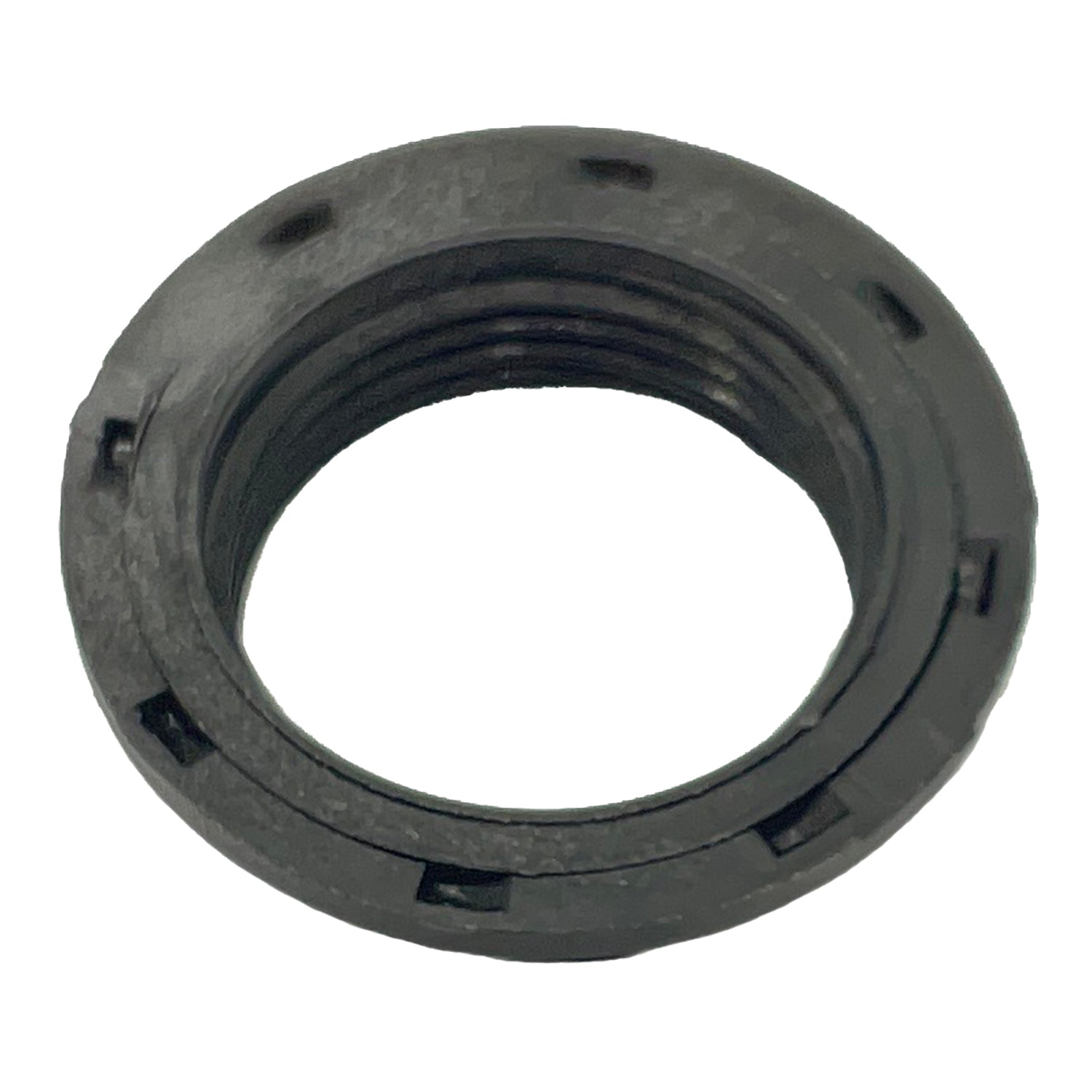 Black threaded ignition switch nut with circular shape and small notches around the edge.