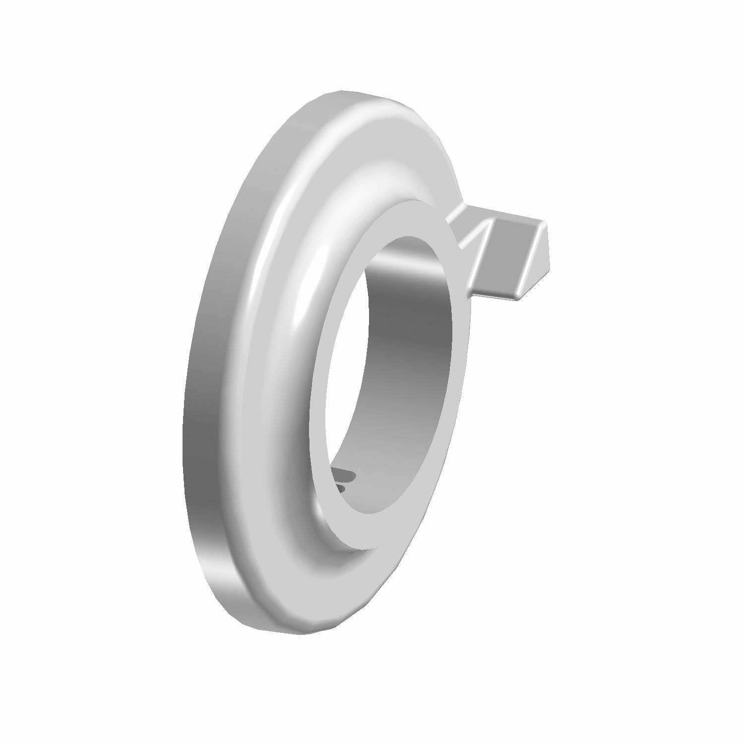 Silver metallic circular switch spacer with a raised outer ring and a small rectangular tab on one side.