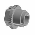 Gray plastic Polaris drain plug with threaded opening and gear-like outer edge.