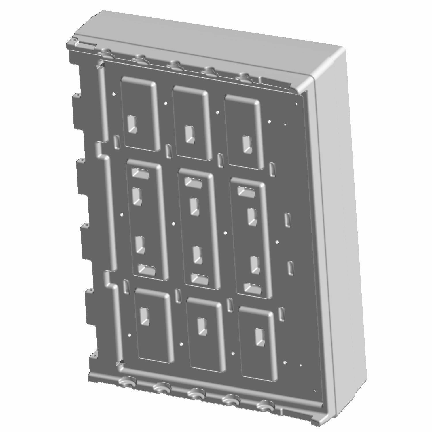 Black molded rectangular box with raised geometric panels and mounting features, sturdy plastic construction.