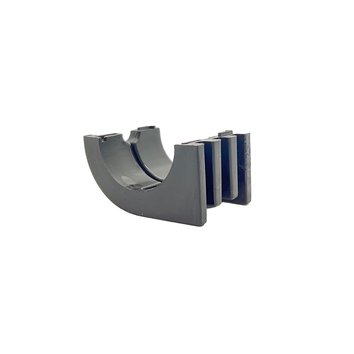 Black cylindrical plastic bushing with grooved inner surface and split sides for assembly.