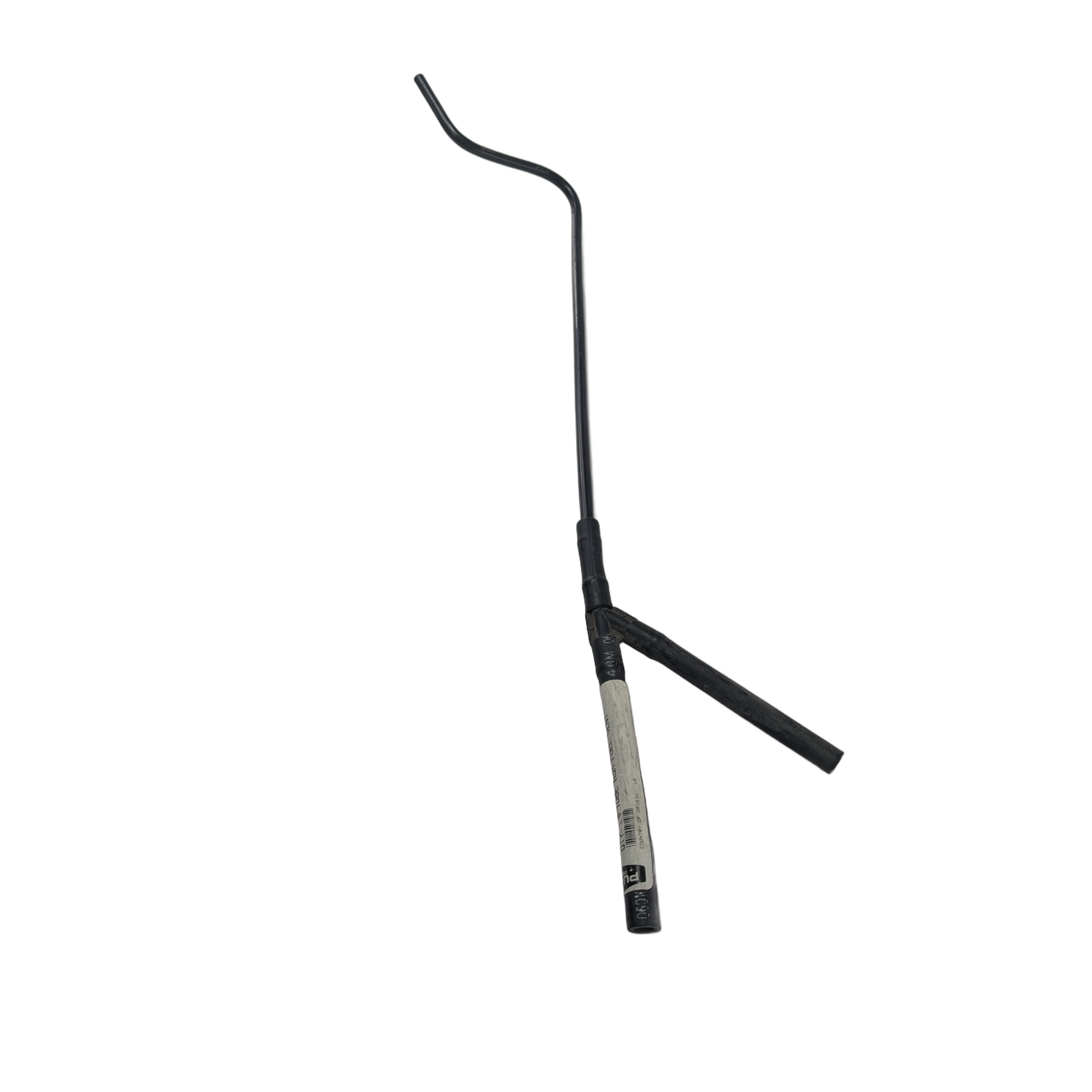 A black, L-shaped metal tool with a long handle and dual grips—one with white tape—for use with the "Water/Fuel Line, To Ground by Polaris," shown against a white background.