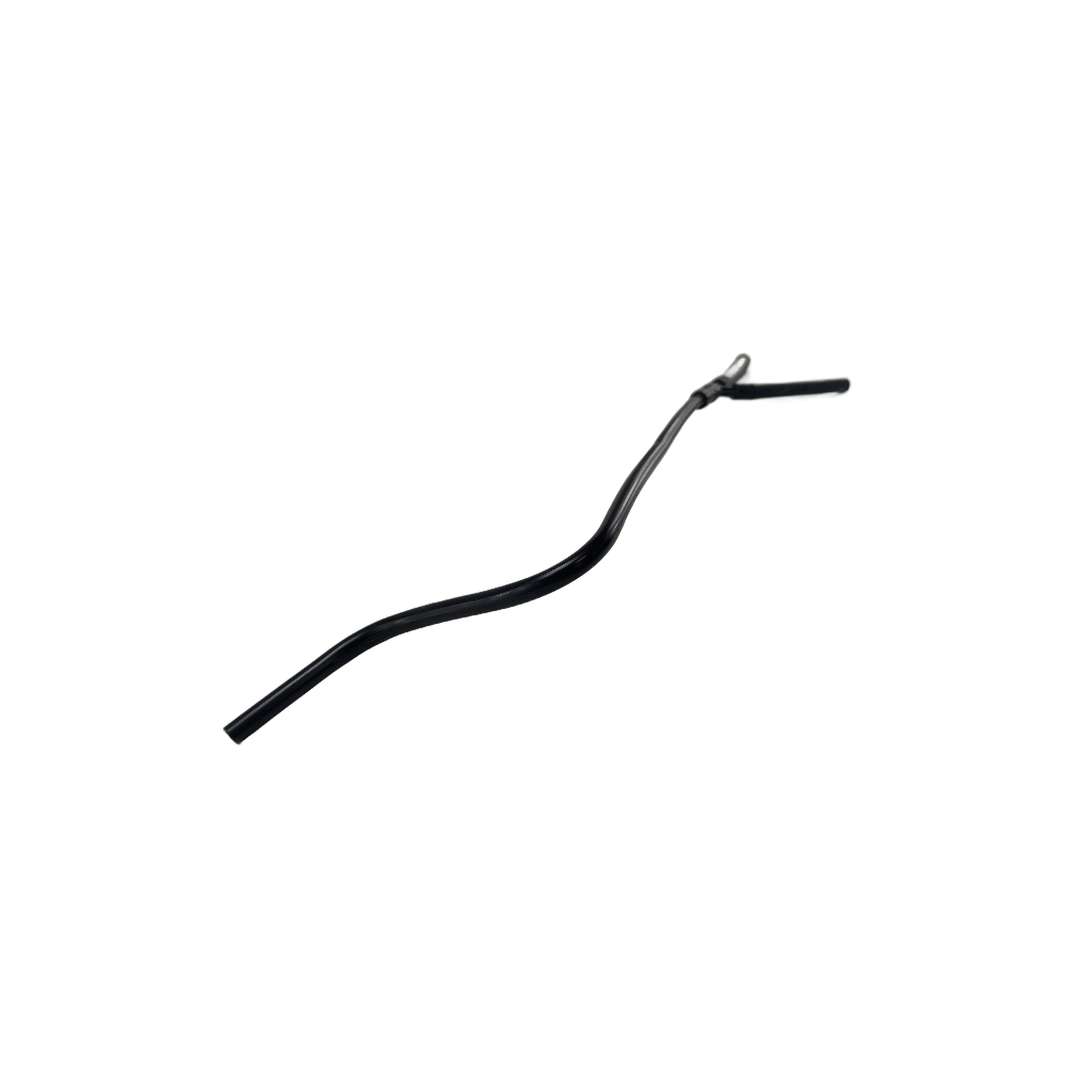 A black, metal, slightly curved rod with a hooked end—an OEM Polaris Water/Fuel Line, To Ground—isolated on a white background.