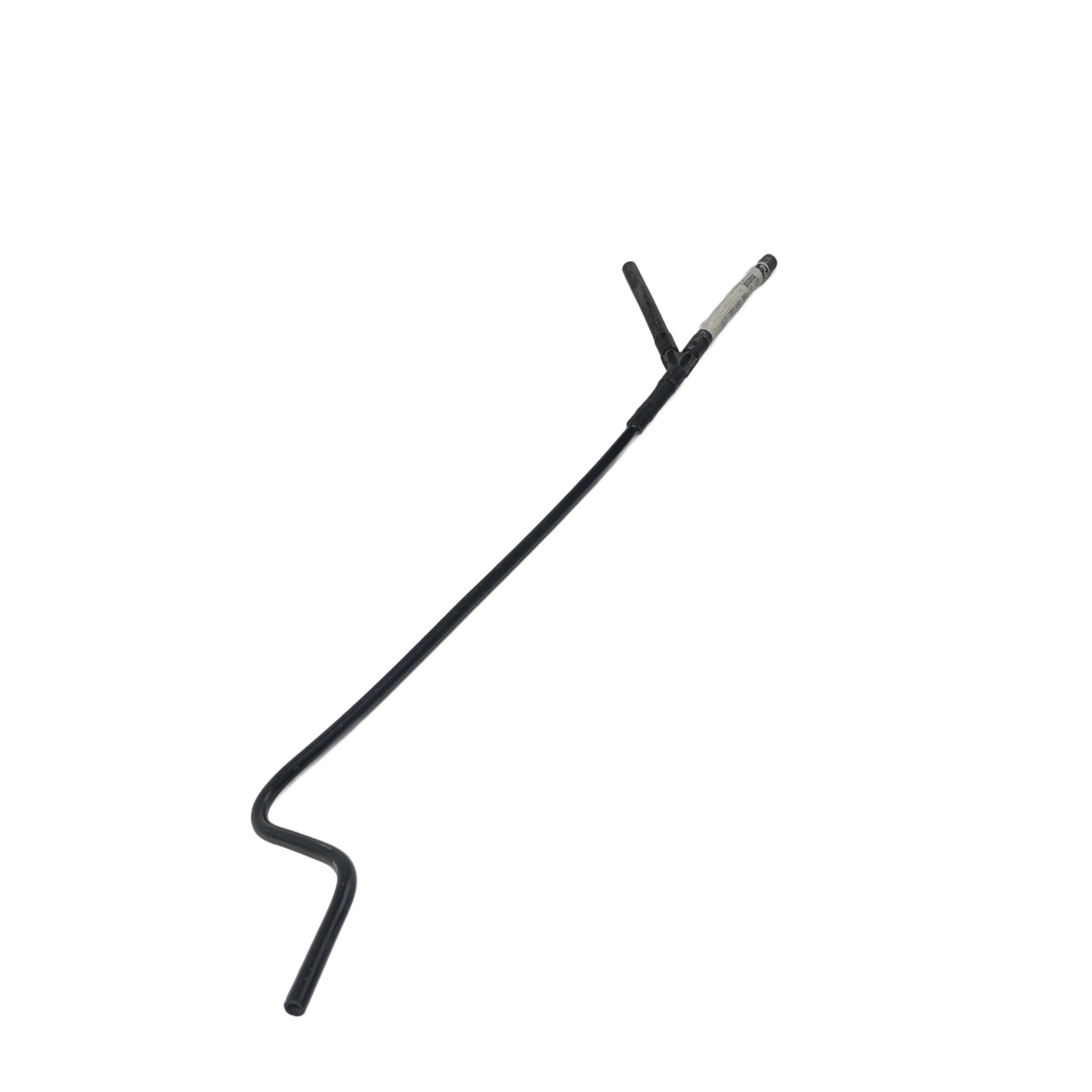 A black metal Water/Fuel Line, To Ground by Polaris, featuring a zigzag bent end and T-shaped handle, commonly used as an OEM Victory Polaris part for Victory motorcycles, shown isolated on a white background.