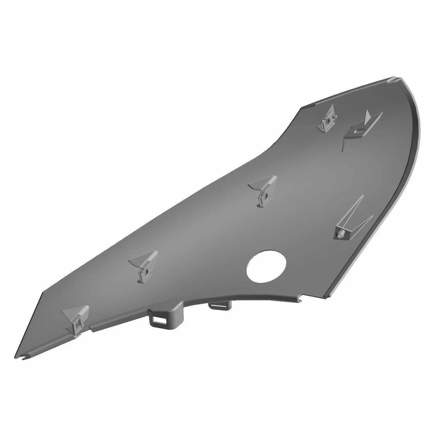 Matte black angular motorcycle front fairing panel with mounting tabs and single circular hole.