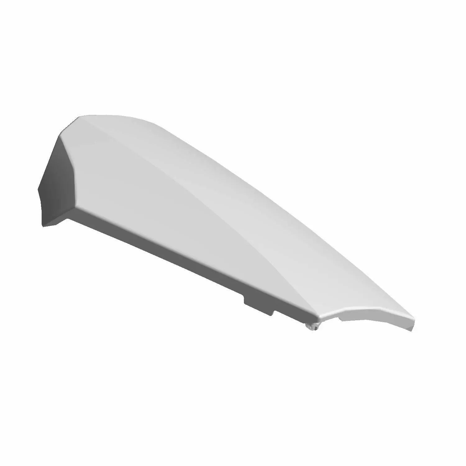 Smooth silver right side fuel door panel with angular, aerodynamic shape for motorcycle.