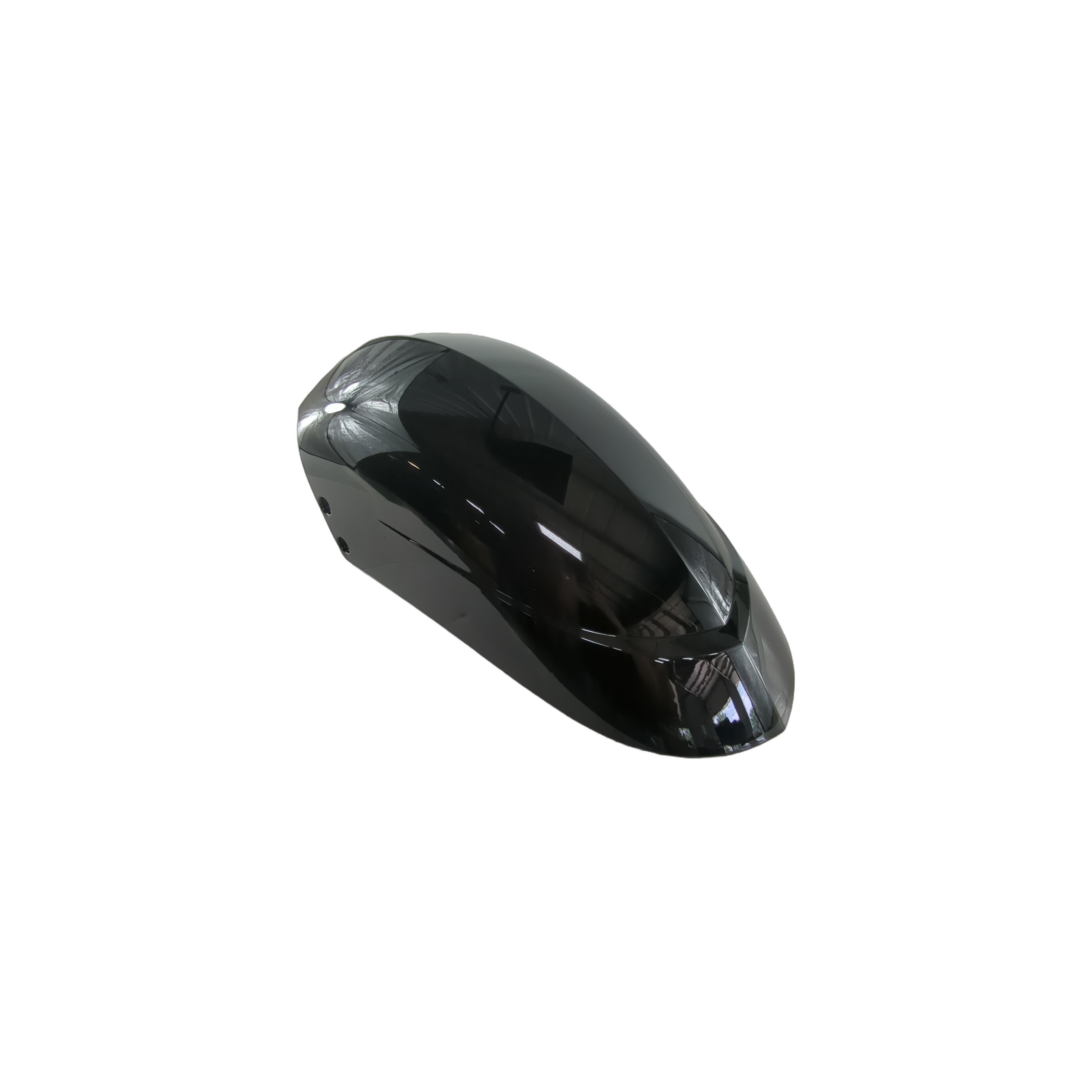 Glossy black curved front half fender for motorcycle, smooth aerodynamic design.