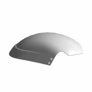 Matte gray curved front half fender with smooth surface and three mounting holes on edge.