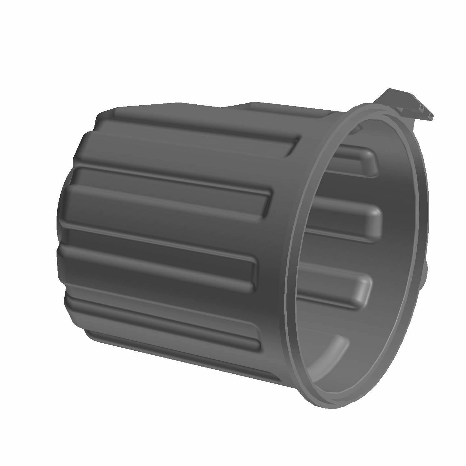 Black cylindrical plastic airbox can with vertical ribs and a small tab on the rim.