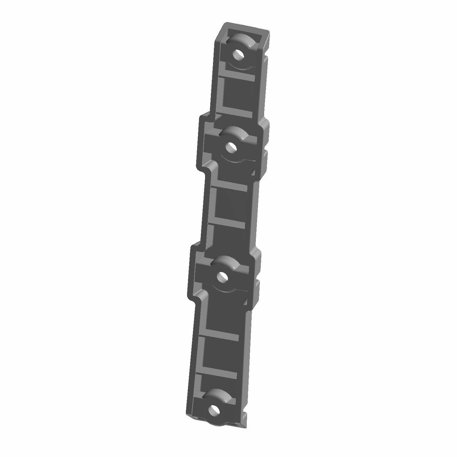 Black metal tie down rack bracket with four mounting holes and a contoured design.