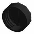 Black round plastic reservoir brake cap with ridged grip edges and internal threading.