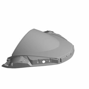 Gray contoured plastic motorcycle trunk lid panel with mounting holes and smooth surface.